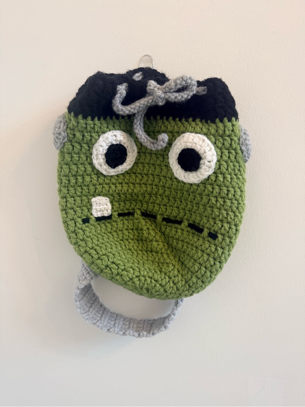 Green Frankenstein Crochet Kids Backpack with Gray Accents